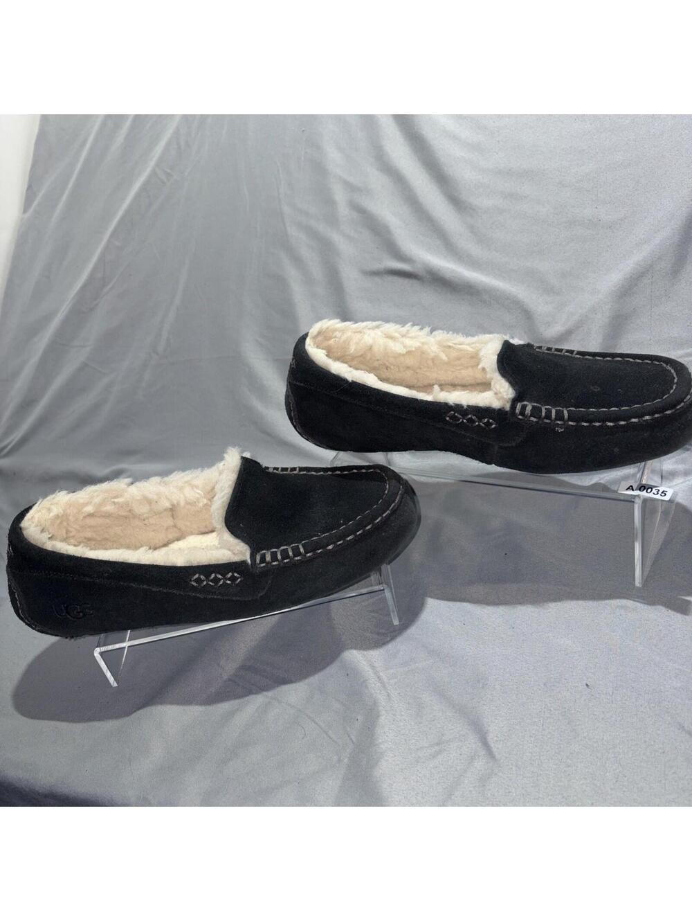 UGG Ascot Slippers Womens 9 Black Suede Sheepskin Lined Slip On Shoes
